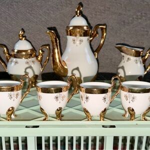 White & Gold Footed Tea Set | Ornate Porcelain Display Décor | 9-Piece Set
